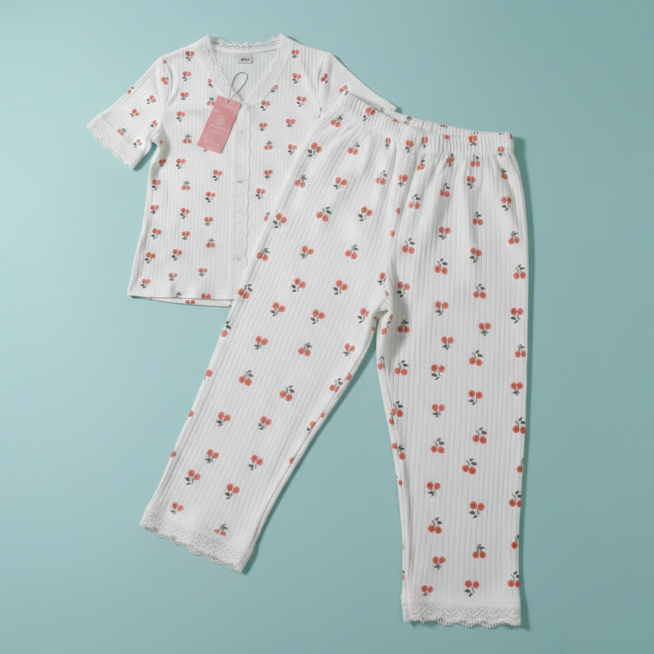 Valene Cheery Blossom Co-Ord Nighty - White & Red